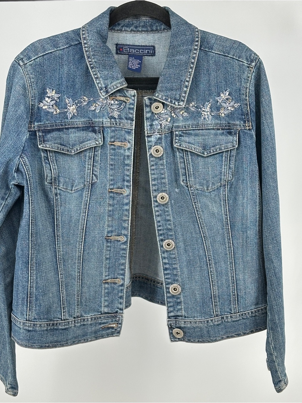 Baccini Large Light Blue Denim Jean Jacket White Floral Embroidery Sequins
